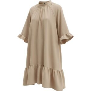 Y.A.S Peach Tan Linen Blend Smock Dress High Neck Ruffle Hem XL‎ Lagenlook